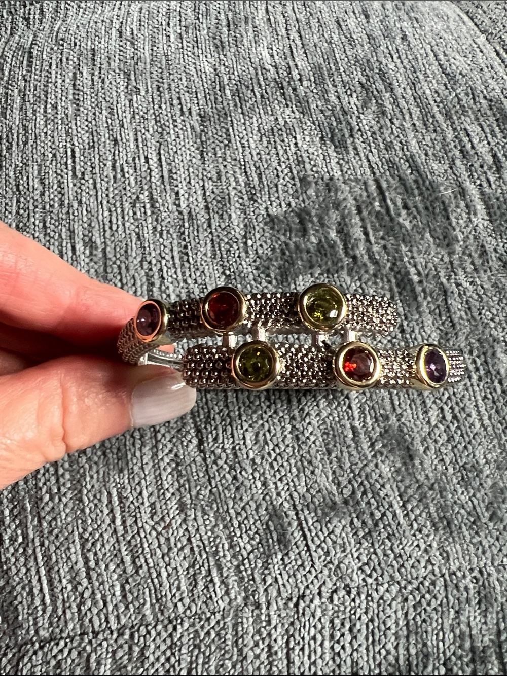 Textured Silver-Tone Open Cuff Bracelet with Multicolor Gem Accents
